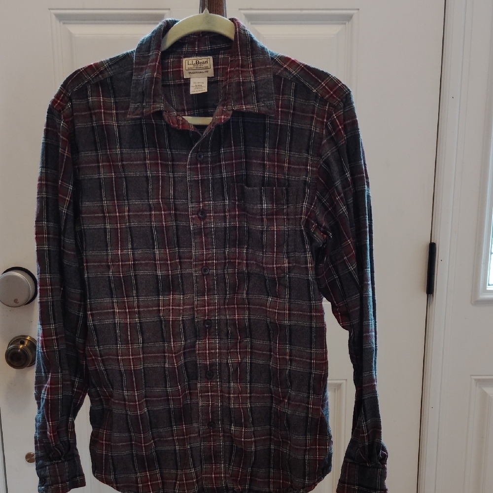 L.L. Bean Red and Black Casual Button Down Shirt